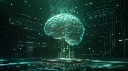 Glowing Brain Floating Above a Circuit Board Cityscape at Night