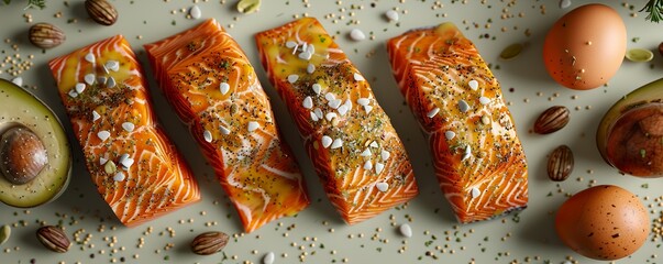  Salmon, Avocado, Eggs, Nuts, and Seeds on a Bright Green Background. Top View 
