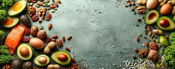  Diet Powerhouse: Salmon, Avocado, Eggs, Nuts, and Seeds on a Bright Green Background. 