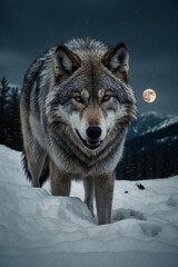 Obraz premium big,wild,wolf,angry,mountain,moon,winter,snow,big grey wolf,wolf, animal, snow, winter, wild, mammal, wildlife, gray, nature, predator, fur, canine, grey, canis, animals, gray wolf, forest, head