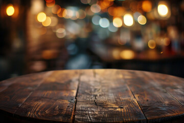 Generative AI image of a wooden round table and pub or bar blur background.