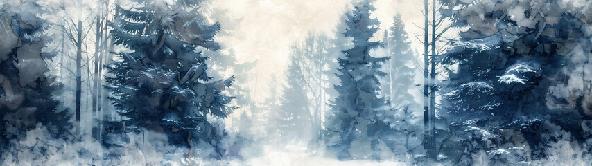 Panoramic watercolor landscape of a snow covered forest in winter. Generative AI illustration.