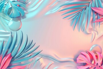 abstract luxury summer background with monstera and palm trees leaves in blue and pink neon colors