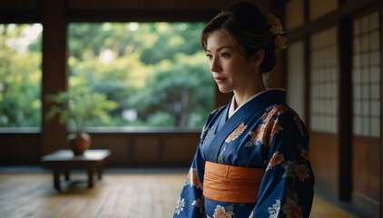beautiful caucasian middleage woman wearing traditional japanese yukata from Generative AI