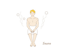 サウナから水風呂の後、休憩スペースへ移動し、外気に当たりながら体を冷ましている爽やかな男性 ととのう