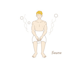 サウナから水風呂の後、休憩スペースへ移動し、外気に当たりながら体を冷ましている爽やかな男性 ととのう