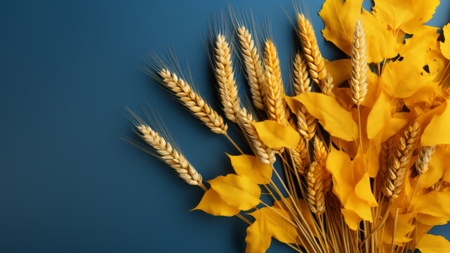 Golden wheat ears and autumn leaves on blue background