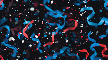 confeti y serpentinas volando en el aire, luces rojas y azules - obrazy, fototapety, plakaty
