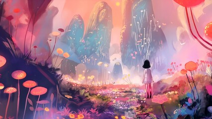 A little girl in the wonderful forest for educational exploration concept.