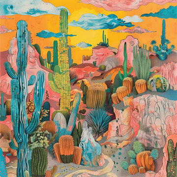 colorful cactus landscape illustration