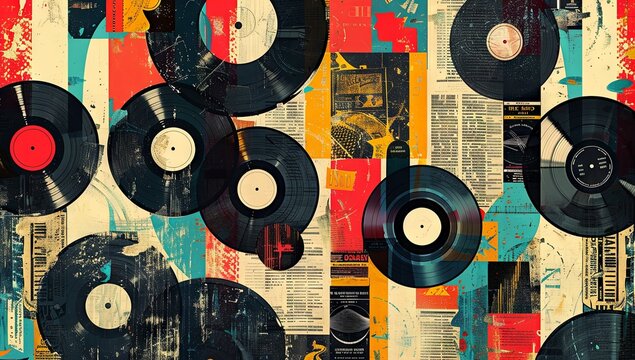 Fototapeta Retro vinyl records and colorful abstract background collage