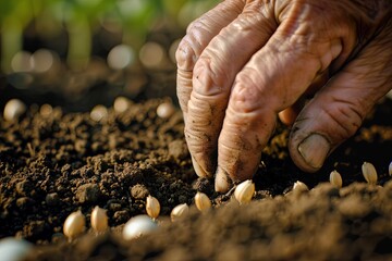 Elderly hands planting seeds in fertile soil - Powered by Adobe