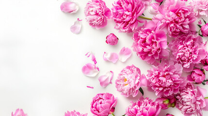 Pink peony flower on white background. Copy space. Floral composition. Wedding, birthday, anniversary bouquet. Woman day, Mothers day. Macro of peonies flowers

