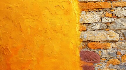 Vibrant orange textured wall meeting rustic stone masonry