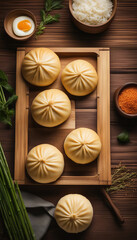 Preparing delicious filled buns on wooden background