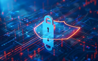 Abstract digital security shield with padlock icon on blue background, data protection concept