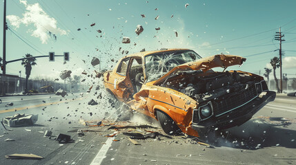 Dramatic car crash scene with shattered glass and debris