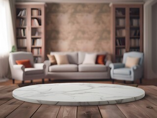 Podium for product display in living room background. 