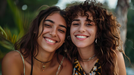 Fototapeta premium Close-up of two happy women friends with curly hair enjoying each other's company outdoors, with natural greenery. 