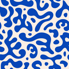 Abstract seamless pattern with blue liquid organic shapes. Colorful wavy bubbles and drops in trendy y2k style. Vector illustration
