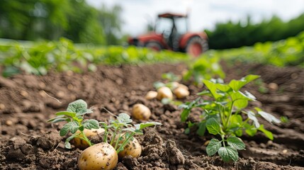 Freshly harvested potatoes in a field with tractor in the background
