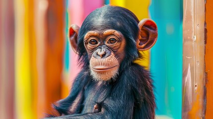 Captivating close-up of a young chimpanzee with colorful background