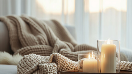 Fototapeta na wymiar Burning candles in a cozy room interior in light beige colors in daylight
