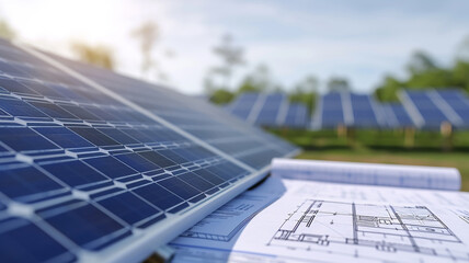 Construction project on the background of solar batteries, image of green energy - 792618656