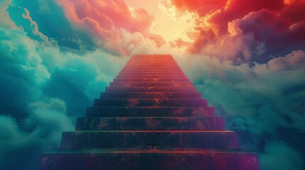 Ascending stairway to heaven among surreal clouds - obrazy, fototapety, plakaty