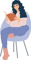 Sitting on Chair Relax Woman Student Reading Book with coffee Character Illustration Graphic Cartoon