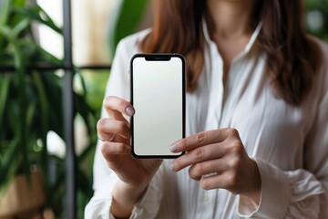 App demo woman in her 40s holding an smartphone with a completely white screen