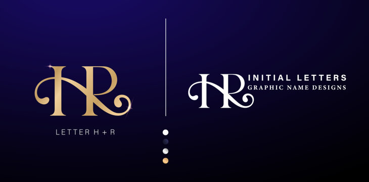 vector illustration initials HR Alphabet letters logos design with gold and black for company and business, branding ads campaigns, letterpress, embroidery, covering invitations, envelope sign symbols