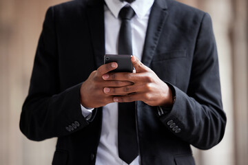 Hands, business and man with smartphone, typing and internet with lawyer, connection or social...
