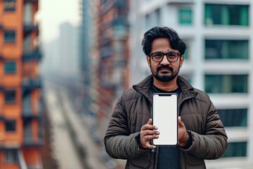 Ui mockup indian man in his 30s holding an smartphone with a completely white screen