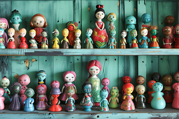 Craft an enchanting portrait showcasing a childs collection of colorful lead dolls