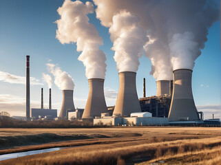 Illustration of a fossil power plant that emits air pollution and contributes greatly to climate change. concepts about climate change, environmental pollution, global warming, climate crisis.