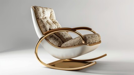 Modern luxury embodied in a rocking chair with a leather gold frame, boucle fabric, and a metallic base, isolated background