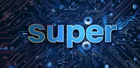 Blue circuit board background with "Super "$ and wrench icon, tech digital illustration concept for graphic design elements or website banner on dark blue background