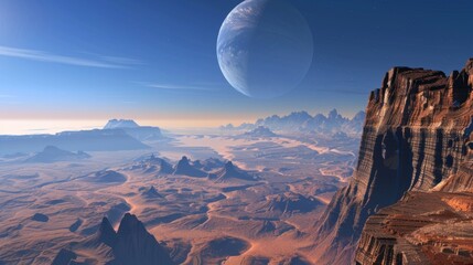 Closeup of a rocky desolate planet covered in deep canyons and towering mountains. .