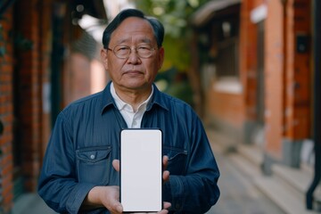 Ui mockup asian man in his 50s holding an smartphone with a completely white screen