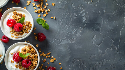 Granola with yogurt in bowls raspberries served 