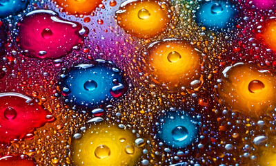 Bright colorful bubbles and drops, abstract liquid background