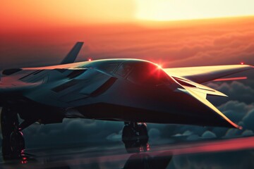 A fighter plane soaring through a fiery sunset