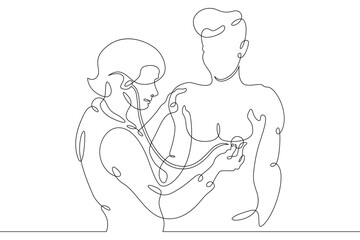 One continuous line.Doctor accepts the patient. The therapist checks the health of the patient. Doctor in the hospital. Continuous line drawing.Line Art isolated white background.