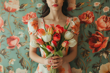 Young woman holding bouquet of flowers in her hands
