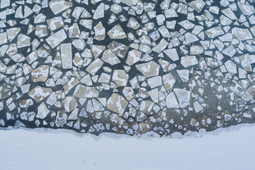 Photo background texture of ice floes floating in off the coast of the Baltic Sea, photo from a drone looking down. - obrazy, fototapety, plakaty