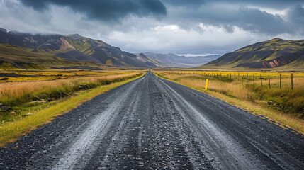 Gravel road in the Icelandic countryside - obrazy, fototapety, plakaty