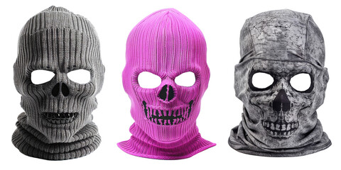 Set of stylish balaclava skull masks on transparent background