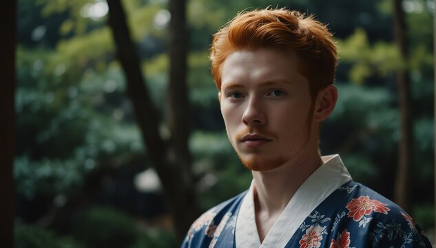 handsome red head young man wearing traditional japanese yukata from Generative AI