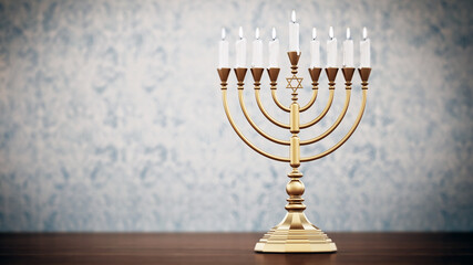 Hanukkah candles on wooden table against vintage wallpaper. 3D illustration - 792623090